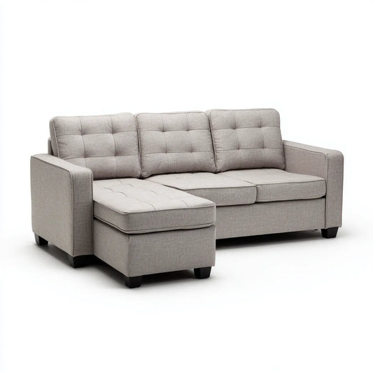 Sofa, Kanapa narożna 3 miejsca szary z półwyspem 220 x 150 x 88 cm w poliester i pianki poliuretanowej