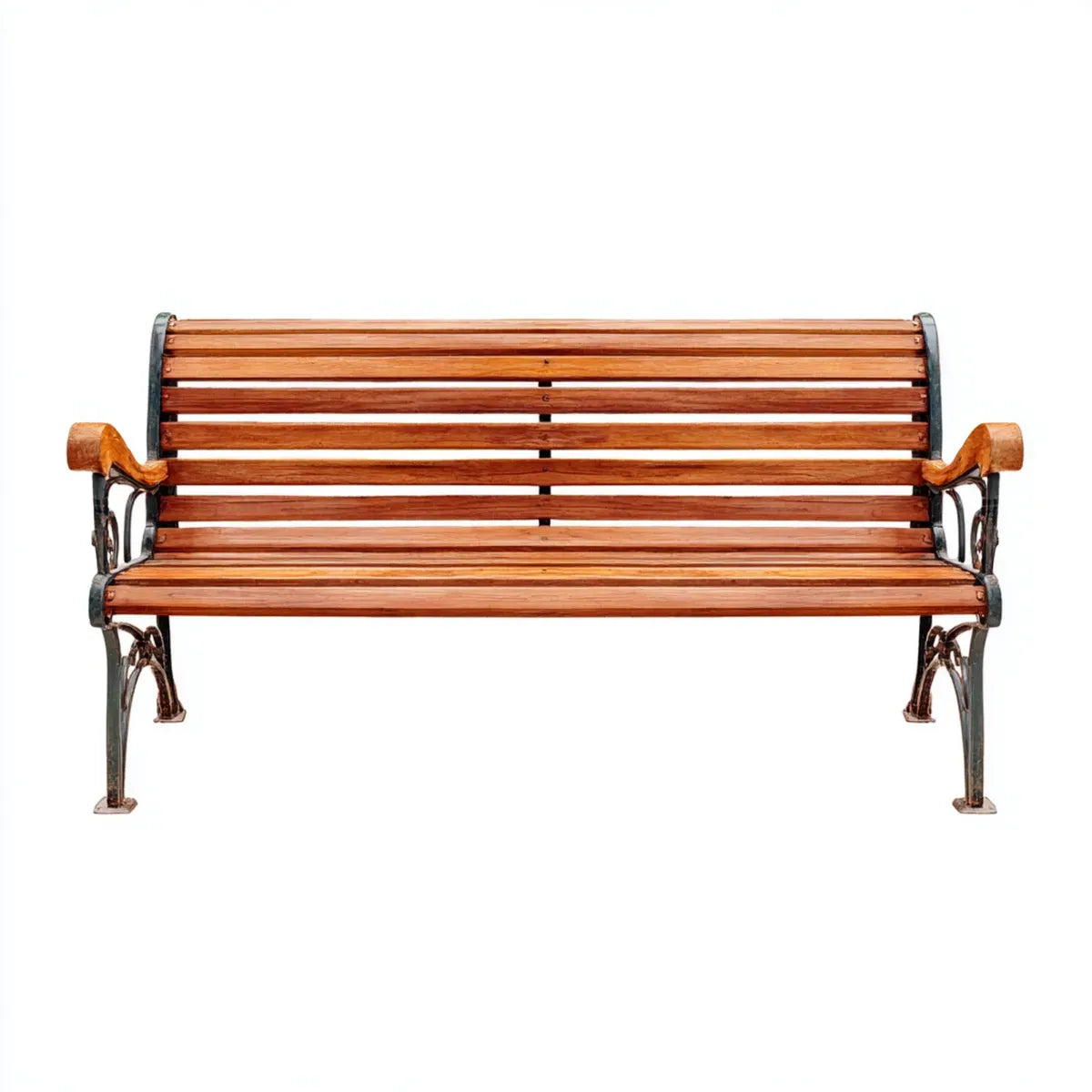 Ławka ogrodowa 3 brązowe siedzenia 150 x 60 x 80 cm w litym drewnie i prostokątnym odlewie żelaza