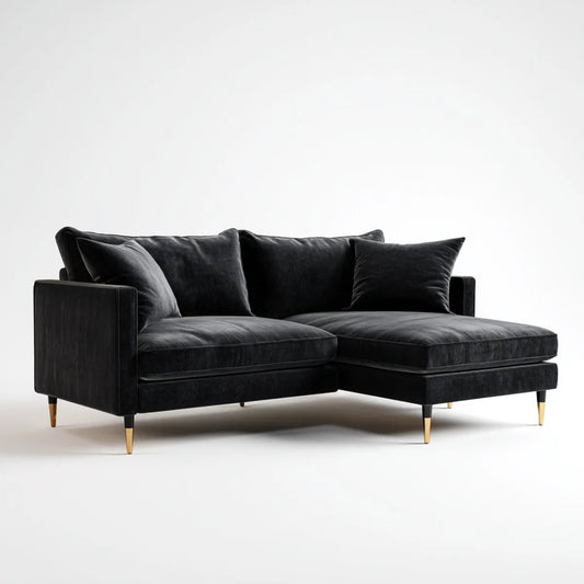 Sofa, Kanapa narożna z krzesełkowym hakiem w kolorze czarnym 250 x 160 x 85 cm w aksamitnym kształcie poliestru L