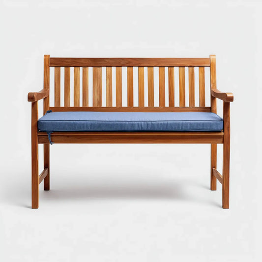 Ławka ogrodowa 2 brązowe siedzenia z niebieską poduszką w litym drewnie akacjowym 120 x 65 x 90 cm