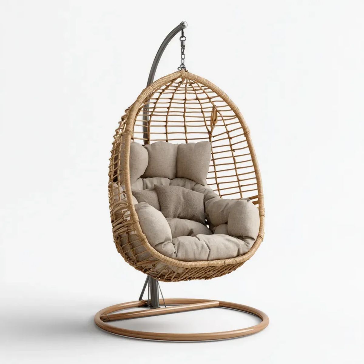 Hamak lub fotel wiszący, Beżowa rattan stojący na krześle z poduszkami, kształt jajka, 105 x 95 x 195 cm