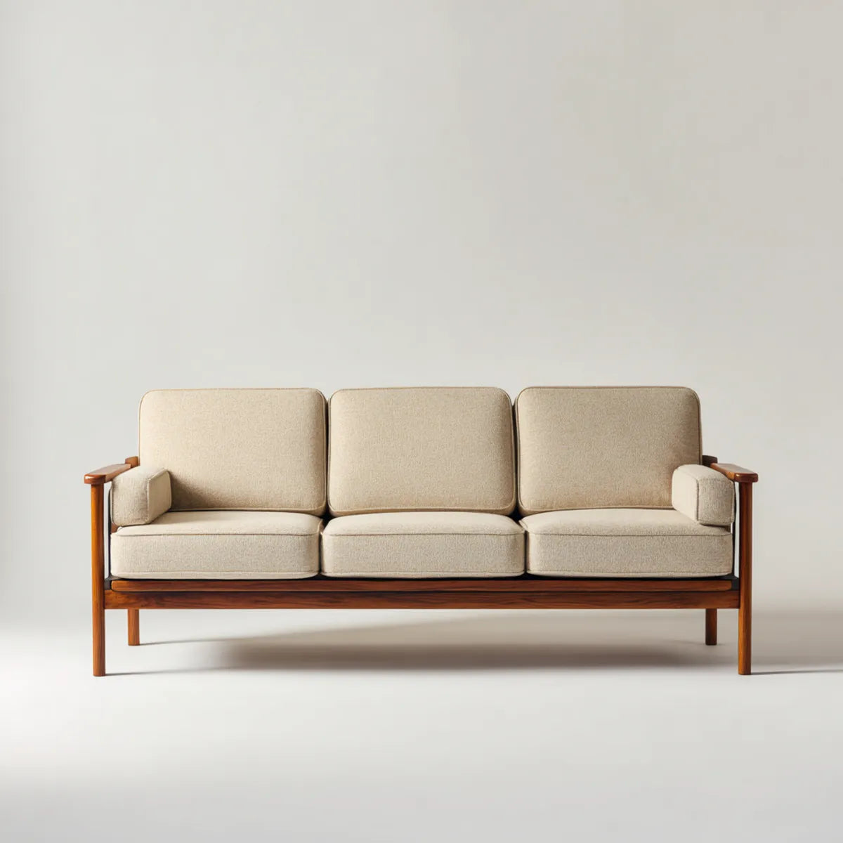 Sofa 3 beżowe siedzenia 180 x 78 x 82 cm w litym drewnie i prostokątnym poliestrze