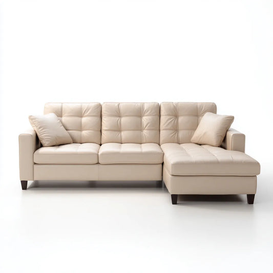Sofa, Kanapa narożna z krzesełkiem z prawym beżowym 245 x 155 x 88 cm ze skóry syntetycznej PU z L