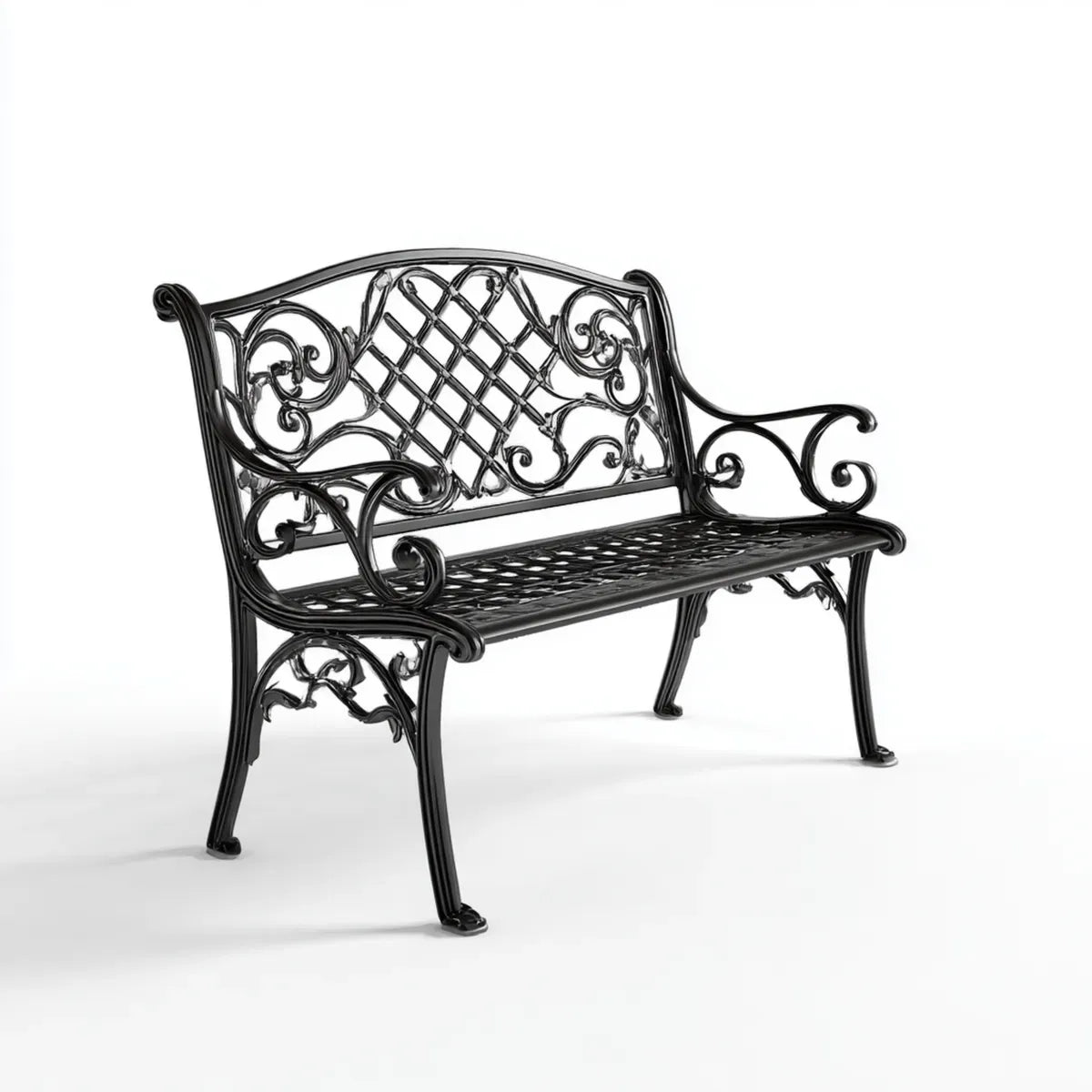 Ławka ogrodowa 2 czarne siedzenia w odlewie aluminiowym 122 x 61 x 90 cm z oparciem łukowym